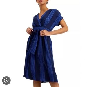 Anne Klein  Wimens Suze XL Blue Striped Belted Fit & Flare Dress